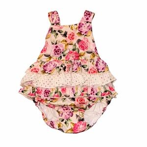 Rare Editions Floral Ruffled Pink Purple Rose One-Piece Bodysuit